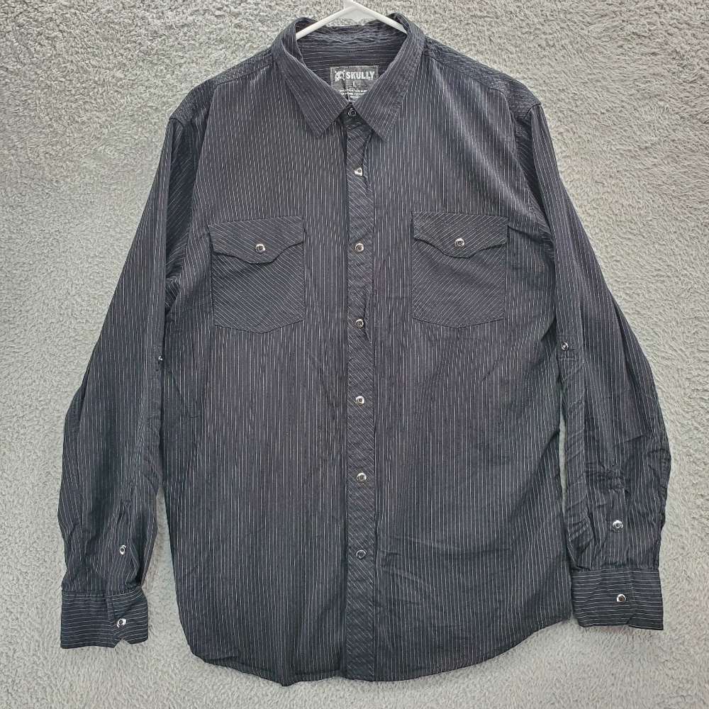 Skully Shirt Mens Large Black Snap Front White Stitch Long Sleeve